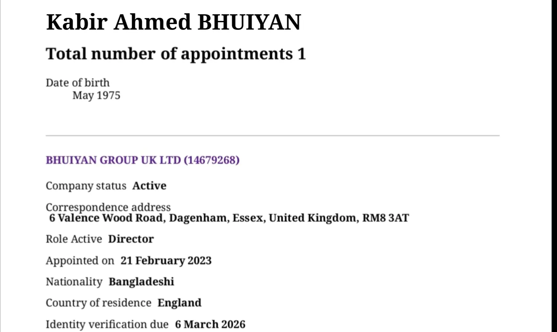 Official UK Companies House record of Kabir Ahmed Bhuiyan as Director.
