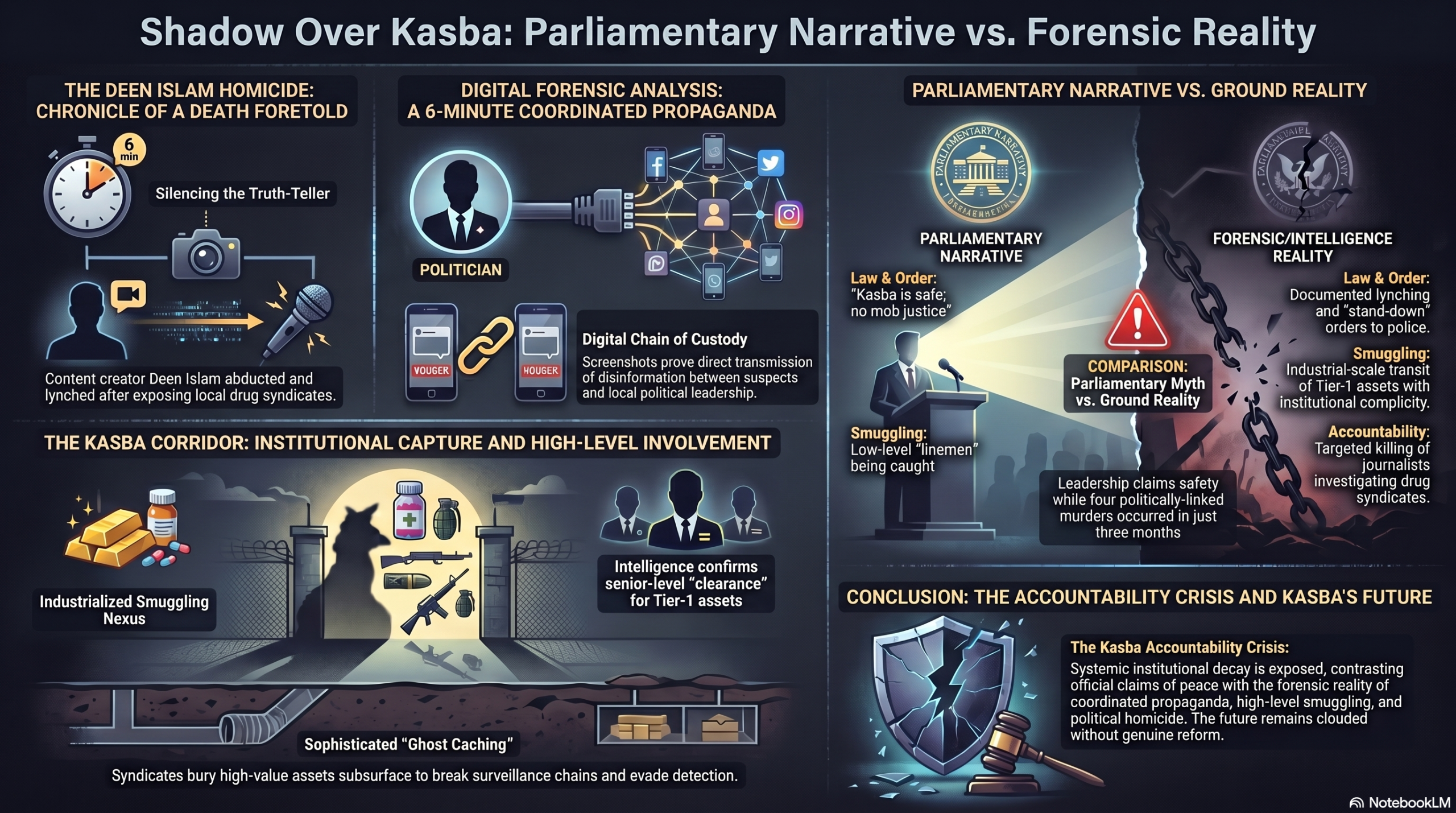 Infographic detailing the digital forensic analysis of Deen Islam homicide and Kasba crime syndicates.