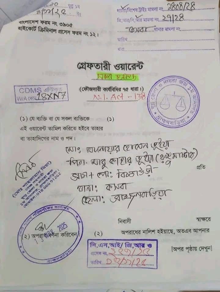 আদালতের সাজা গ্রেফতারি পরোয়ানা কপি
